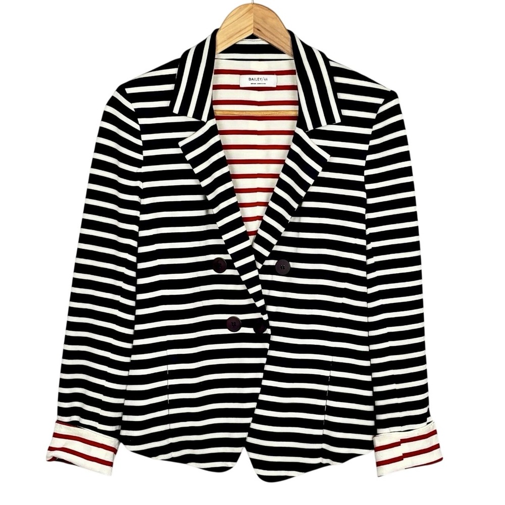 Nautical Blue Red Stripe Double Breasted Knit Blazer Womens M Office Made in USA